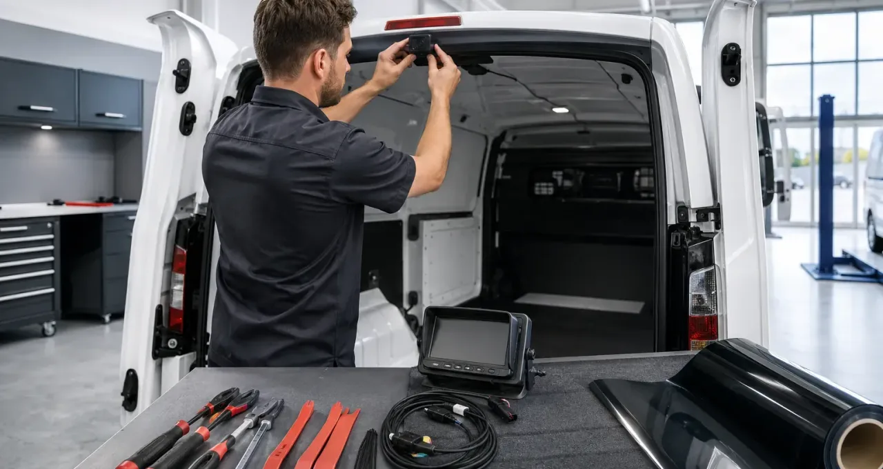 Técnico de Optima instalando un sistema de cámaras en la parte trasera de una camioneta blanca de flota, con herramientas de instalación y un rollo de polarizado sobre la mesa de trabajo