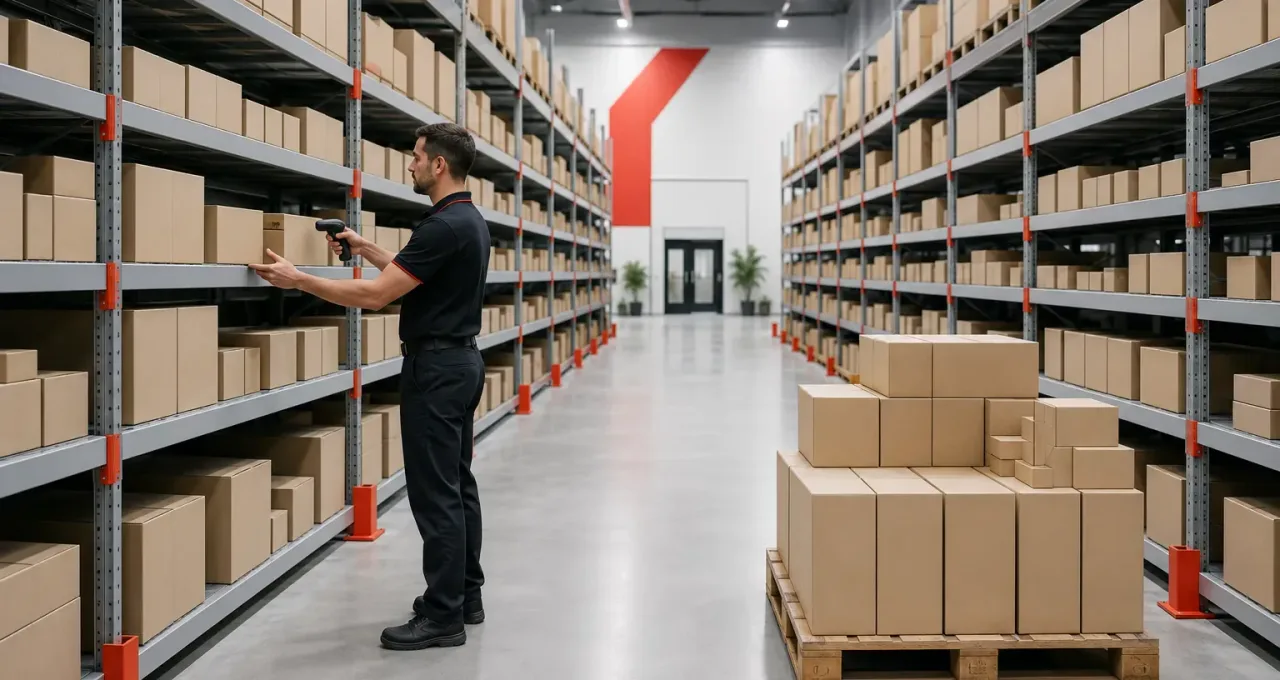 Trabajador escaneando inventario en un almacén de distribución de autopartes limpio y ordenado, con una tarima de carga lista